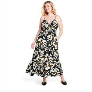 Tabitha Brown Botanical Print V-Neck Dress Tie-Front Maxi XL Dress